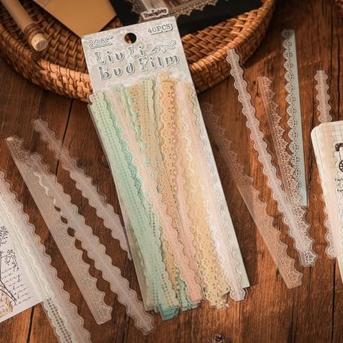 40 Pcs Transparent Lace Stickers for Scrapbooking Junk Journal Card Making Collage Diary Planner Notebook Letter Photo Album Craft Project Decoration, 5 Patterns - Image 2