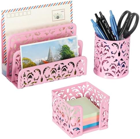 EasyPAG Desk Organizers and Accessories 3 Pieces Office Organizer Set - Pen Holder for Desk, Mail Sorter Countertop and Sticky Note Holder, Pink by EasyPAG
