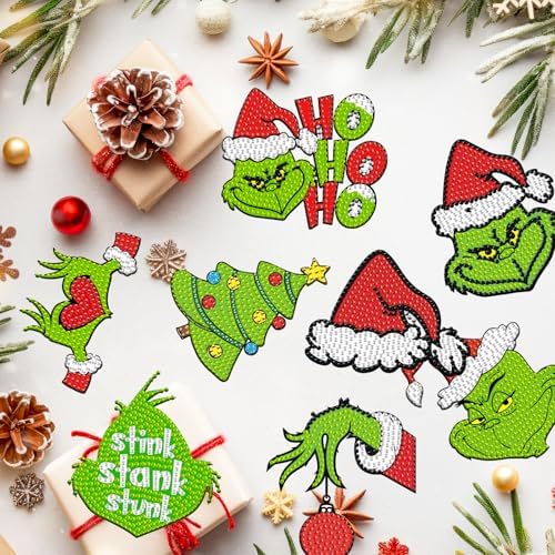 8 Pcs Christmas Diamond Art Painting Coasters Kits DIY Cartoon Diamond Art Painting Coaster Xmas Green Coasters with Holder Diamond Craft Painting Kits Supplies for Holiday Gift - Image 5
