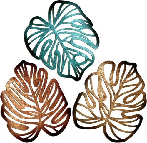 Palm Leaves Wood Wall Decor , 3Pcs Tropical Wall Art Jungle Decor, Wooden Natural Leaves Plant Wall Decor, Vintage Tropical Plant Plaque for Home Living Room Kitchen Bedroom Bathroom & Garden, Blue&Brown by Unknown