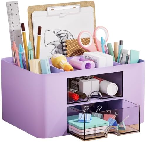 Marbrasse Pen Organizer with 2 Drawer, Multi-Functional Pencil Holder for Desk, Desk Organizers and Accessories with 5 Compartments + Drawer for Office Art Supplies (Purple) by Marbrasse