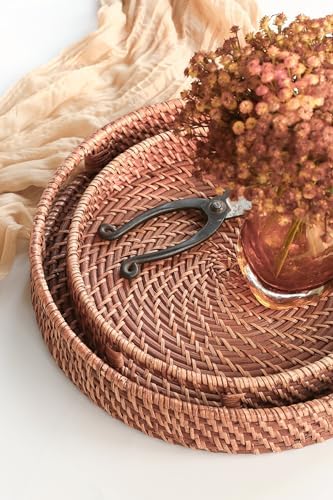 HITOMEN 11.8" Hand-Woven Round Rattan Serving Tray Decorative Wicker Trays with Handles for Coffee Table (Honey Brown-M) - Image 4