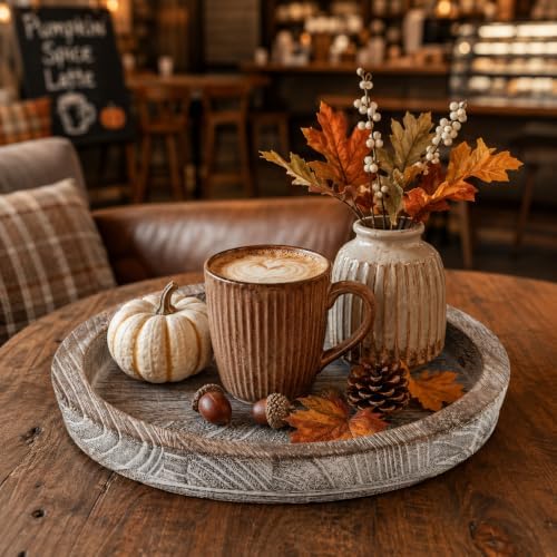 Hanobe Decorative Coffee Table Tray, Round Wood Candle Holder Plate - Image 3