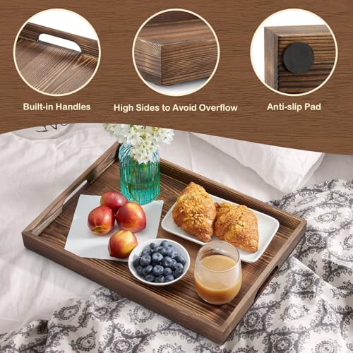 17 Inch Burnt Wood Serving Tray with Handles - Large Wooden Tray for Ottoman, Breakfast in Bed, Dinner, Coffee Table - Decorative Brown Rectangular Tray for Living Room Entryway and Kitchen Decor - Image 5