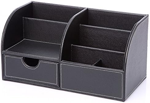 KINGFOM Pu Leather Desk Organizer Pen Pencil Holder Office Supplies Caddy Storage Box 6 Compartments with Drawer Black (Full Pu Leather) - Image 3