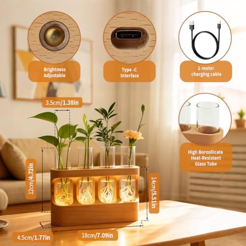 Rechargeable Plant Propagation Station with Wooden Stand,Desktop Terrarium Home Decor Dimmable LED Light 4 Glass Tubes Vases for Hydroponic Plants for Women - Image 3