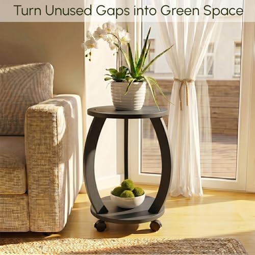 2 Tier Wooden Plant Stand Indoor with Wheels – Tall Plant Stand for 6-12 Inch Pots, Mid-Century Modern Rustic Plant Table Indoor, Pedestal Stand for Corner, Living Room, Balcony, Black - Image 2