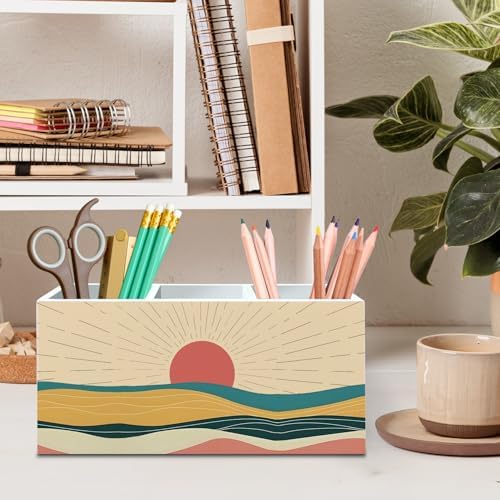 DILSJ Boho Abstract Sunshine Pen Pencil Holder Organizer for Desk, Boho Office Decor, Mid Century Modern Minimalist Sunshine Landscape Wooden Box Signs for Home Office Desk Tabletop Decoration - Image 2