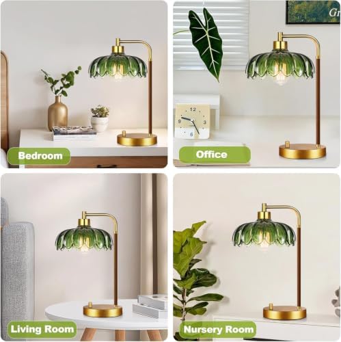 ILLMTW Vintage Table Lamp for Bedroom Living Room,Small Bedside Lamps Dimmable Bedroom Lamp with Glass Green Flower LampShade,Mid Century Modern Mini Nightstand Lamp Gold Boho Side Table Lamp - Image 7