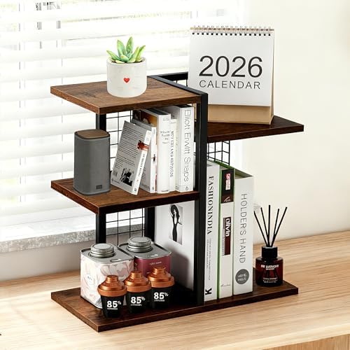 Y YOMA Desktop Bookshelf, 3 Tier Wood Desk Shelf for Top of Desk, Compact Vertical Storage Desk Organizer & Display Rack for Home Office Dorm, Rustic Brown - Image 2
