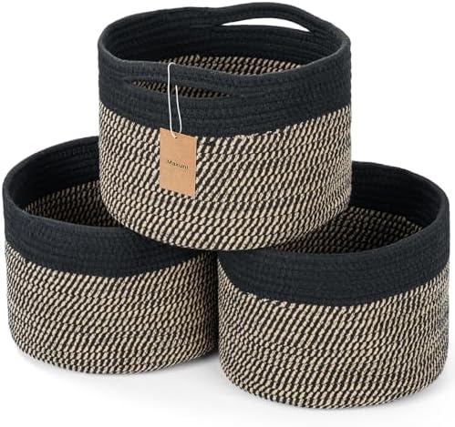 3 Pack Small Rope Storage Baskets, 9.82×9.82×7.1", Brown+Black by MaxuniTechLife