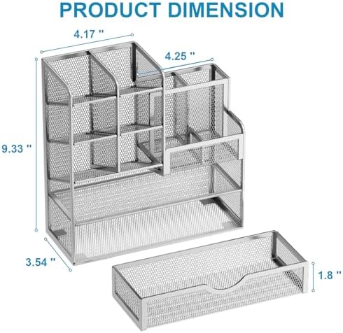 Marbrasse Mesh Pen Holder for Desk, Pen Organizer with Drawer, Multi-Functional Pencil Organizer, Desk Organizers and Accessories for Office Art Supplies (Silver) - Image 4