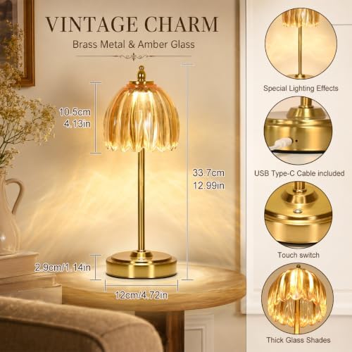 NewAoNaSen Glass Tulip Table Lamp, Cordless Rechargeable Table Light -Amber - Image 5