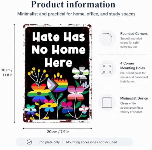 LGBT Sign Wall Decor, Rainbow Pride Month Sign Decor for Home LGBTQ Lesbian Gay Queer Room Patio Porch Wall Metal Sign 8 x 12 Inches, Hate Has No Home Here - Image 2