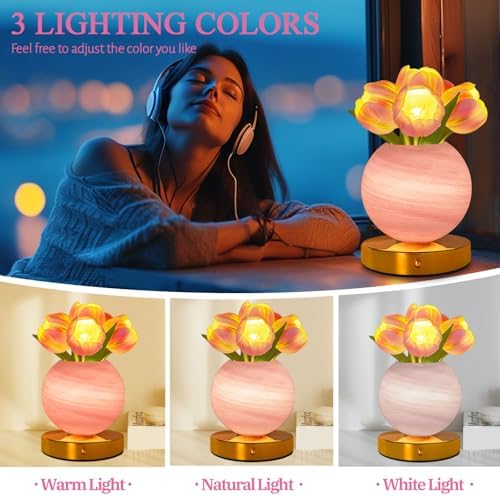 Tulip Table Lamp, Rechargeable Cordless Touch Dimming Artificial Tulip Flower Desk Lamp, LED Flower Bedside Night Light Romantic Gifts for Girl Women Mom (Pink Tulip) - Image 4