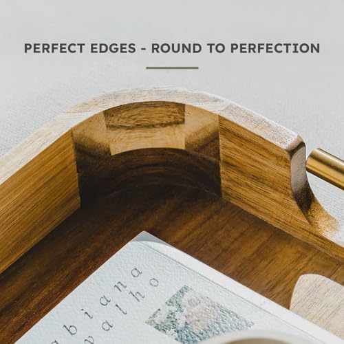 Acacia Wood Ottoman Tray with Handles, 17x13 Inch Rectangle Serving Tray for Coffee Table, Living Room & Breakfast, Decorative Wooden Ottoman Tray with Anti-Skid Pads (Gold Handle 01) - Image 4