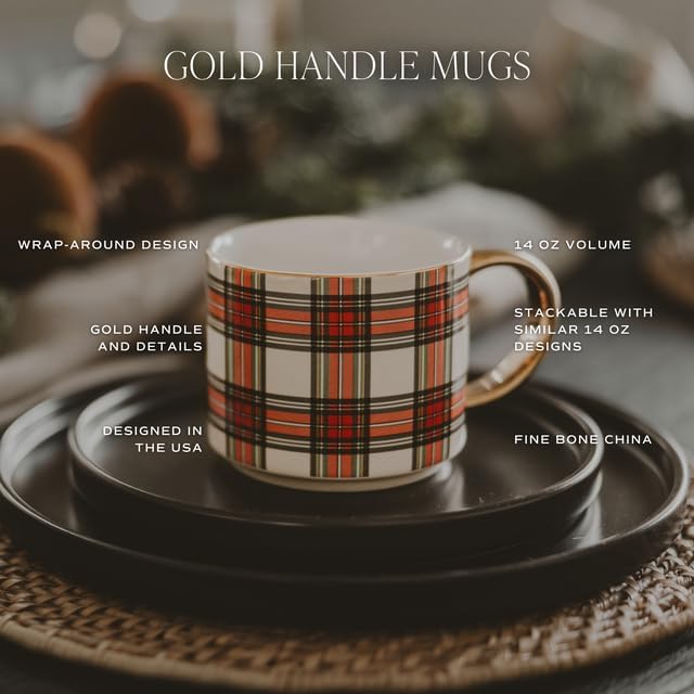 Sweet Water Decor Red Stripe Coffee Mug, 14oz China Christmas Mug with Gold Handle, Large Holiday Winter Cup for Coffee, Tea & Hot Chocolate, Stocking Stuffer Gifts for Women