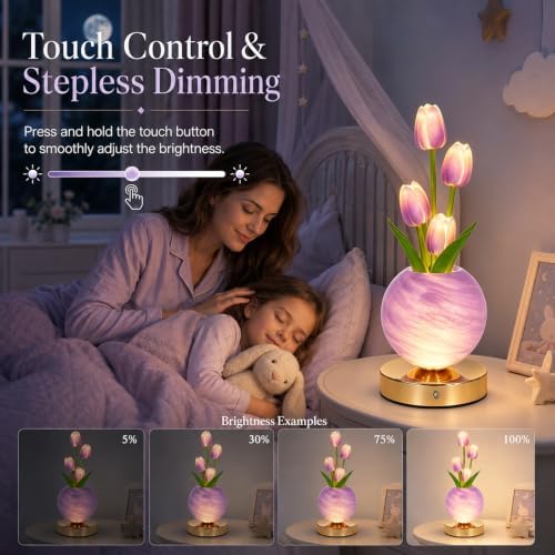 Tulip Table Lamp, Rechargeable Cordless Touch Dimming Artificial Tulip Flower Desk Lamp, LED Flower Bedside Night Light Romantic Gifts for Girl Women Mom (Purple Tulip) - Image 2