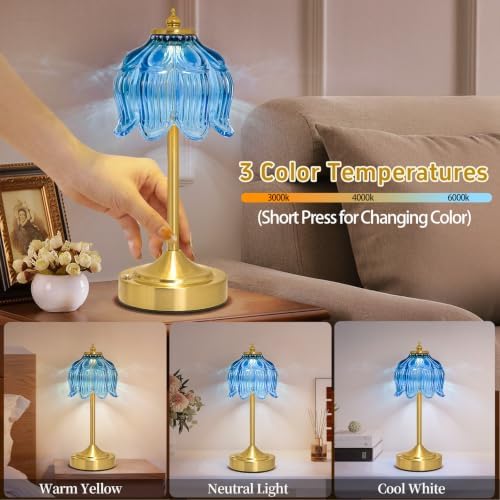 Cordless Table Lamp, Rechargeable Blue Glass Lotus Flower Lamp - Image 3