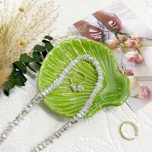 Trinket Dish Shell, Ceramic Jewelry Dish Seashell, Seashell Shape Jewelry Holder Plate for Rings Earrings Necklaces Bracelet, Decorative Tray for Mom Friend Sister, 3.9", Green Iridescent Surface - Image 5