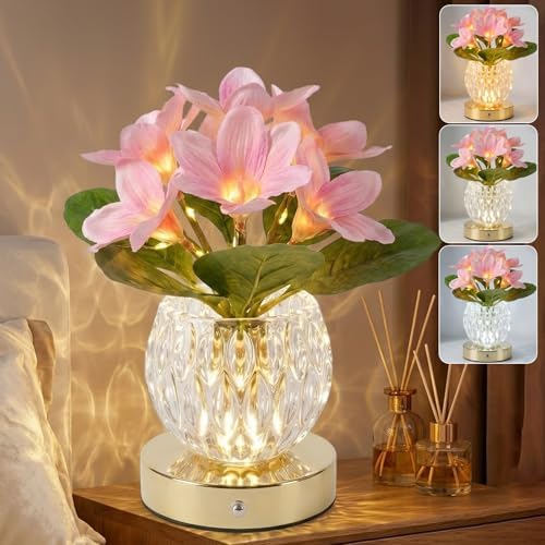 Flower Table Lamp, 3 Colors Touch Dimming Magnolia Glass Night Light, Rechargeable Artificial Flower Light, LED Flower with Vase Lamp Romantic Decor for Date Party Home (Pink - Magnolia) by Strackvial