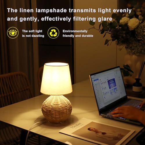 Rattan Small Table Lamp Set of 2, Boho Farmhouse Style with Cotton Linen Lampshade, 6.2×6.2×11.8 Inch Bedroom Night Light for Living Room Office Dorm, with Bulbs Included - Image 2