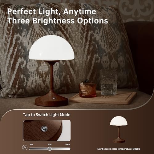 Dawnwake Mushroom Lamp Cordless Lamp Table Lamp,Outdoor Waterproof Shower Lamps,5000mAh Rechargeble Battery Operated Dimmable Touch Desk Lamps,LED Night Light for Bathroom Patio Camping Outdoor/Walnut - Image 5