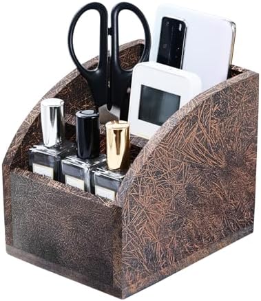 Rustic Vintage Wooden Desk Organizer Farmhouse Wood Remote Control Caddy 3 Slot Tabletop Desktop Office Supply Storage Rack Desktop TV Remote Control Holder Home Decor Office Supplies (Metallic color) - Image 4