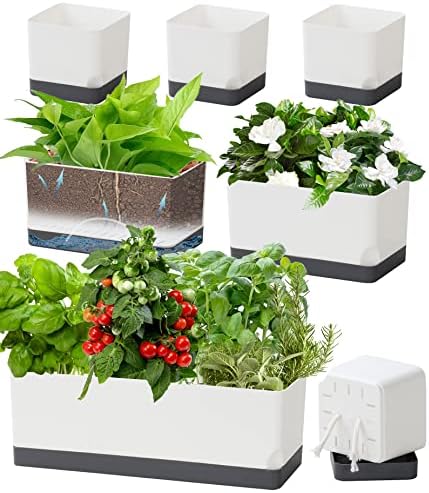 Self Watering Planters Pots for Indoor Plants, 7 Pack 4+8+17 Inch Plastic Window Boxes Planters Herb Planter, Rectangle Rectangular Planter Windowsill Planters with Drainage and Saucer by Vugosson