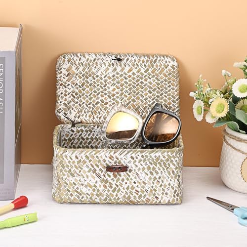 Hipiwe Mini Seagrass Shelf Basket with Lid Decorative Woven Box, 7x4.3x3.3" - Image 7