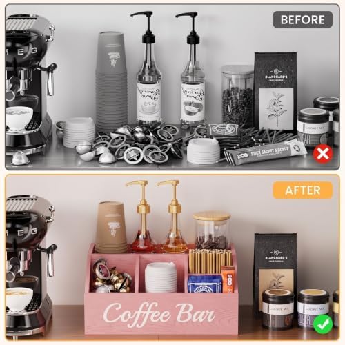 Coffee Station Organizer for Countertop – Wooden Coffee Bar Organizer with Adjustable Dividers,Holds K Cup Pod & syrup bottles, for Kitchen, Office, or Bar and Tea Station, Pink - Image 6