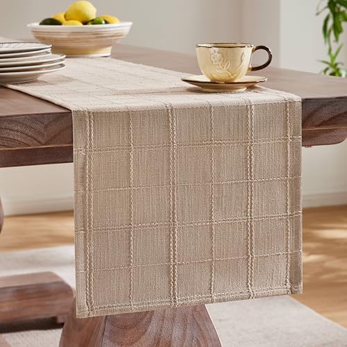 ZeeMart Linen Checked Farmhouse Table Runner, 13x108 Inches Taupe - Image 4