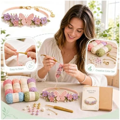 DIY Nature-Inspired Crochet Bracelet Kit, Handmade Jewelry Making Set with Yarn, Beads Crochet Hook, Art Craft Supplies for Adults, Woven Bracelets Craft Gift，D - Image 3