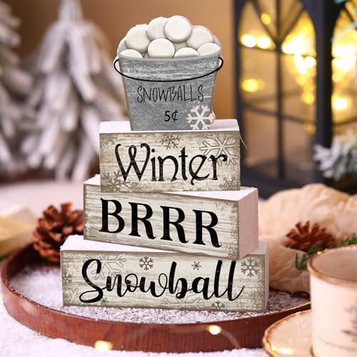 Moucuny 4 Pcs Winter Wooden Block Signs Farmhouse Table Decoration - Image 2