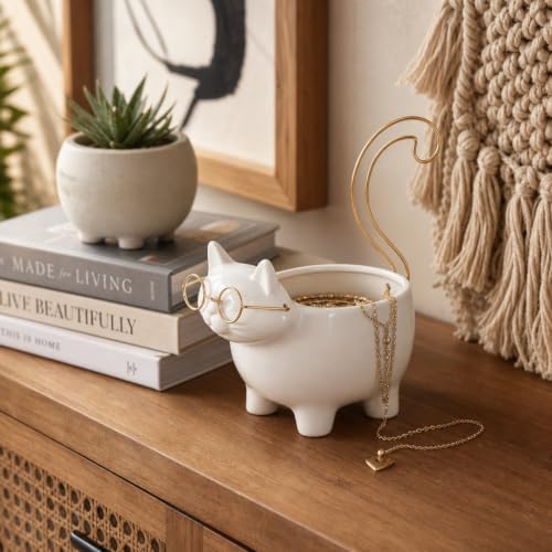 Ceramic Kitty Trinket Dish for House Decor Styling - Jewelry Tray for Coffee Table, Bed, Bathroom Vanity, and Home - Decorative Tray for Centerpiece Table and Jewelry Dish - 8", White & Gold by NESSANDJORD