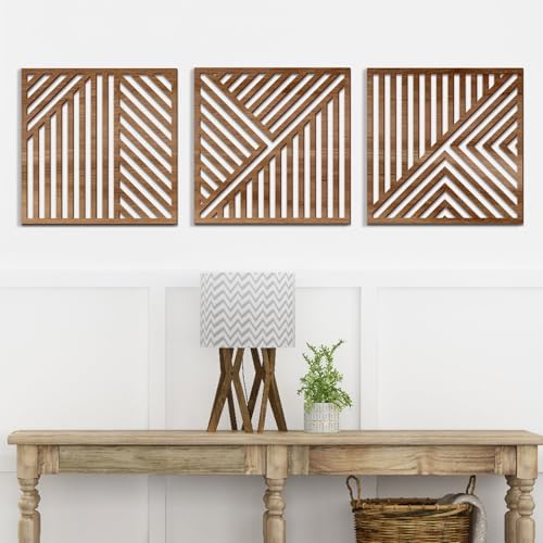 Bnesi 3 Piece Abstract Geometric Wood Wall Art Decor Modern Boho Minimalist Slatted Design Wall Sculpture Art Decor for Living Room Bedroom Home Bathroom (Classic, Medium) by Bnesi