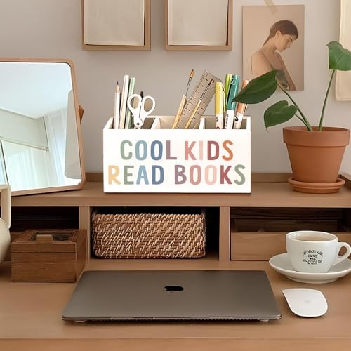 Book Lovers Gifts Pen Holder, Book Reader Gifts Pencil Holder for Desk, Boho Cool Kids Read Books Wooden Box Sign Decorations for Reading Room Corner Nook Classroom Desk Tabletop - Image 3
