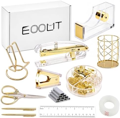 EOOUT Gold Office Supplies Set Desk Accessories, Acrylic Stapler Set Staple Remover, Phone Holder, Tape Holder, Pen Holder, 2 Ballpoint Pen, Scissor, Binder Clips, Ruler, Transparent Glue and Staples. by EOOUT
