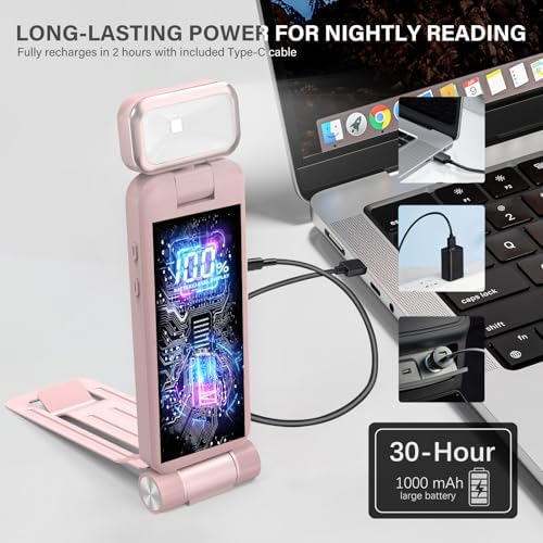 KTEBO Rechargeable Book Light with Clip & Battery Indicator, 9 Luminescence Modes, USB-C Portable 1.6 oz Ultralight Lamp for Night Reading in Bed, Readers - Pink - Image 5