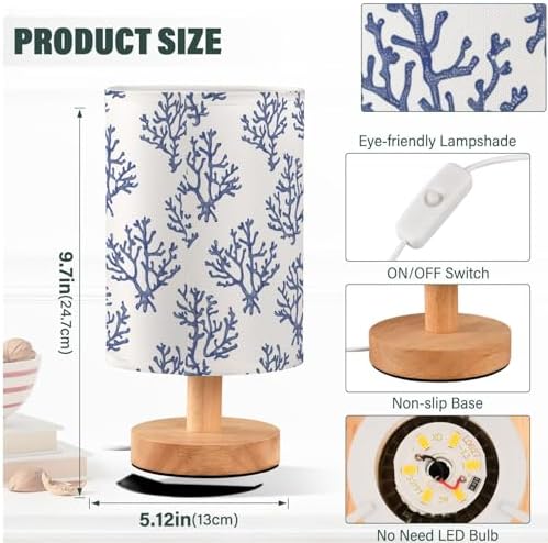 Coral Navy Blue and White Table Lamp for Bedroom USB Port Lamps Small Accent Table Lamp Nightstand Lamp Study Linen Shade with Wooden Base, Decorative Lamps for Bedside Reading|Kids|Dorm|Home - Image 4