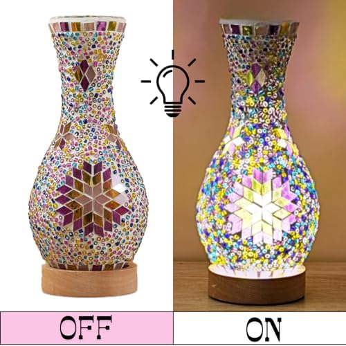 Mosaic Vase Lamp, Turkish Table Lamp with Wood Base, USB LED - Image 4