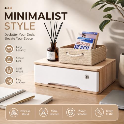 Wooden Desktop Storage Box with Lockable Drawers, Flat File Cabinet Drawer Desktop Storage Box, Countertop Storage Cabinet for Office Home Toiletries Supplies Vanity (natural wood+white, 1 Drawer) - Image 5