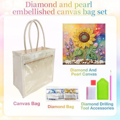 Xylzzuit DIY Pearl Painting Canvas Tote Bag Kit 11.42IN Diamond Art Handbag for Women Shopping Grocery Bag Dots Beads Art Craft Gift (Sunflower) - Image 5