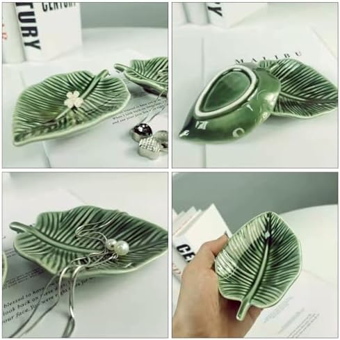 Operitacx Leaf Shape Ring Dish Green Decorative Jewelry Plate Multi-Function Trinket Tray for Desktop Jewelry Holder Home Storage Dressing Table Party Decor 5.51 X 4.33 X 1.18 in - Image 3