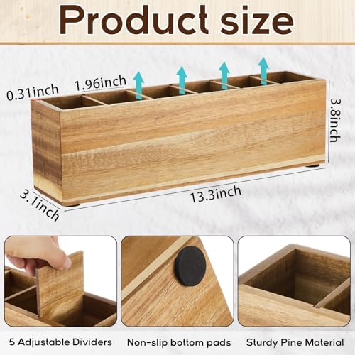 Jetec Wooden Pencil Pen Holder for Desk, Acacia Wood, 6 Compartments - Image 2
