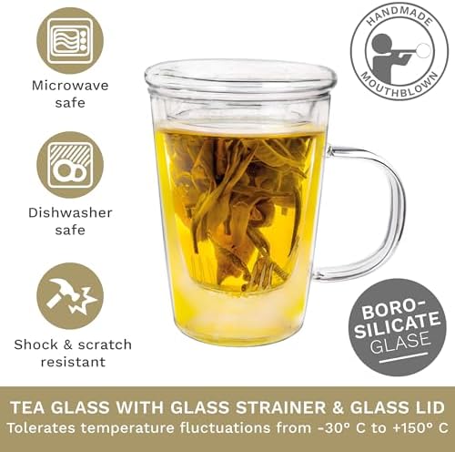 Creano Tea Glass 400 ml – Large Tea Cup with Strainer and Glass Lid – An ideal Tea Maker - Image 2