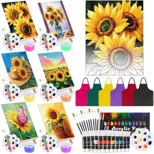 Cholemy 6 Set Paint and Sip Kit for Adults 8"x 10" Pre Drawn Canvas Painting with Wooden Easel Acrylic Paint Wash Cup Brushes Palette Apron for Painting DIY Adult's Date Party Supplies(Sunflower) by Cholemy