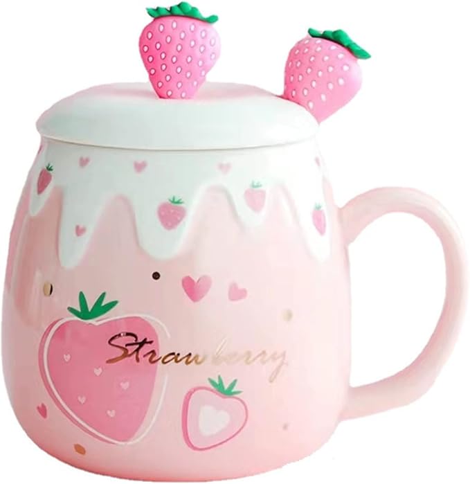 Coffee Mug Cups Ceramic Tea Cup Fruits Strawberry Shaped Handmade Cute Mugs With Lid Spoon Handle Office Home Hot Ice Chocolate Milk Mugs Gifts Microwave Dishwasher Safe Travel Mugs (Pink)