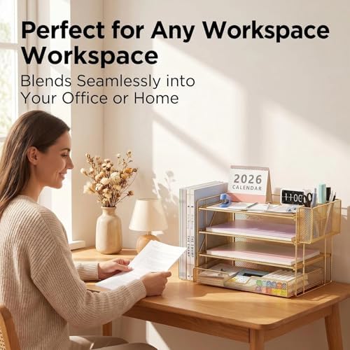 OPNICE Desk Organizers and Accessories, 4-Tier Desktop File Organizer with Drawer and Pen Holders, Office Desk Accessories Workspace Organizers for Office Supplies (Gold) - Image 2