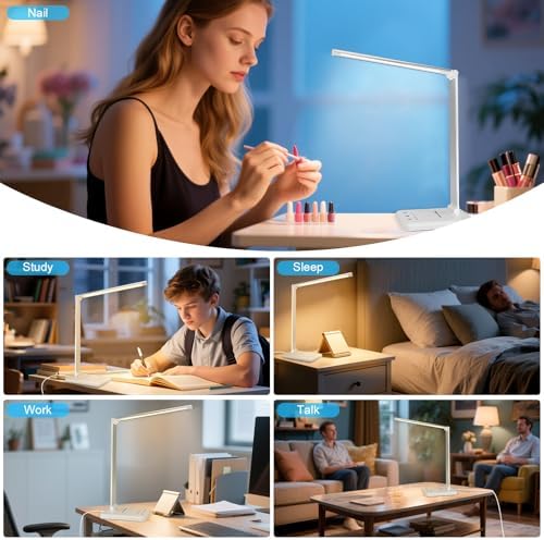 White crown LED Desk Lamp Dimmable Table Lamp Reading Lamp with USB Charging Port, 5 Lighting Modes, Sensitive Control, 30/60 Minutes Timer (White, First-Generation) - Image 5